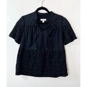 Halston Women's Black Eyelet Poplin Blouse Size S Lined Coastal Dark Cottagecore